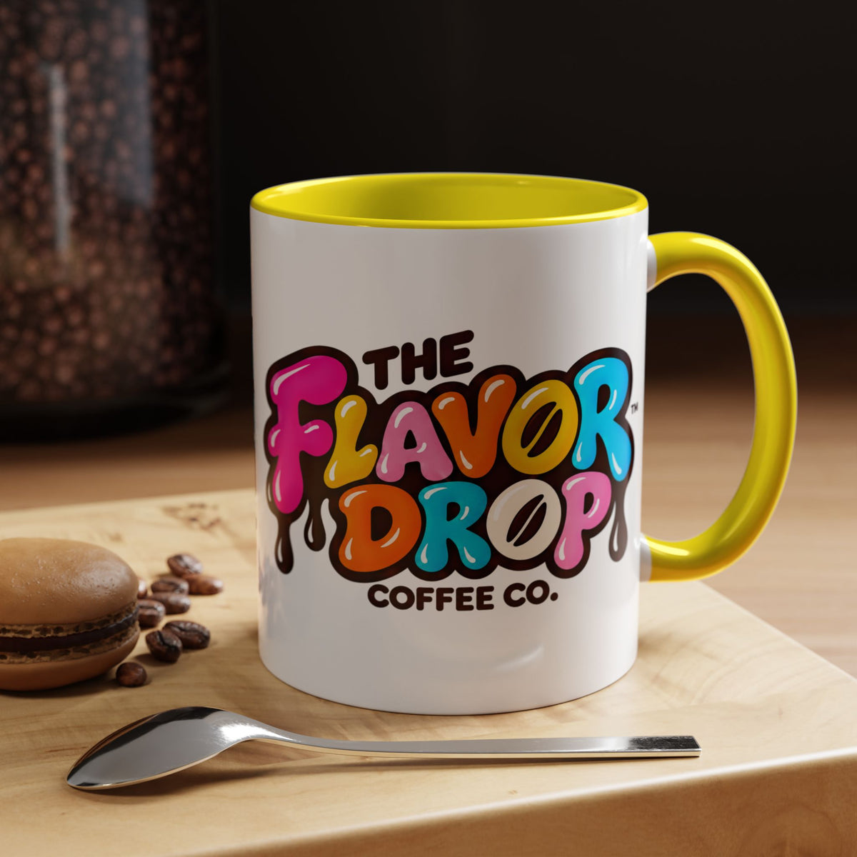 Accent Coffee Mug — Colorful "The Flavor Drop" Logo Coffee Mug (11/15oz)